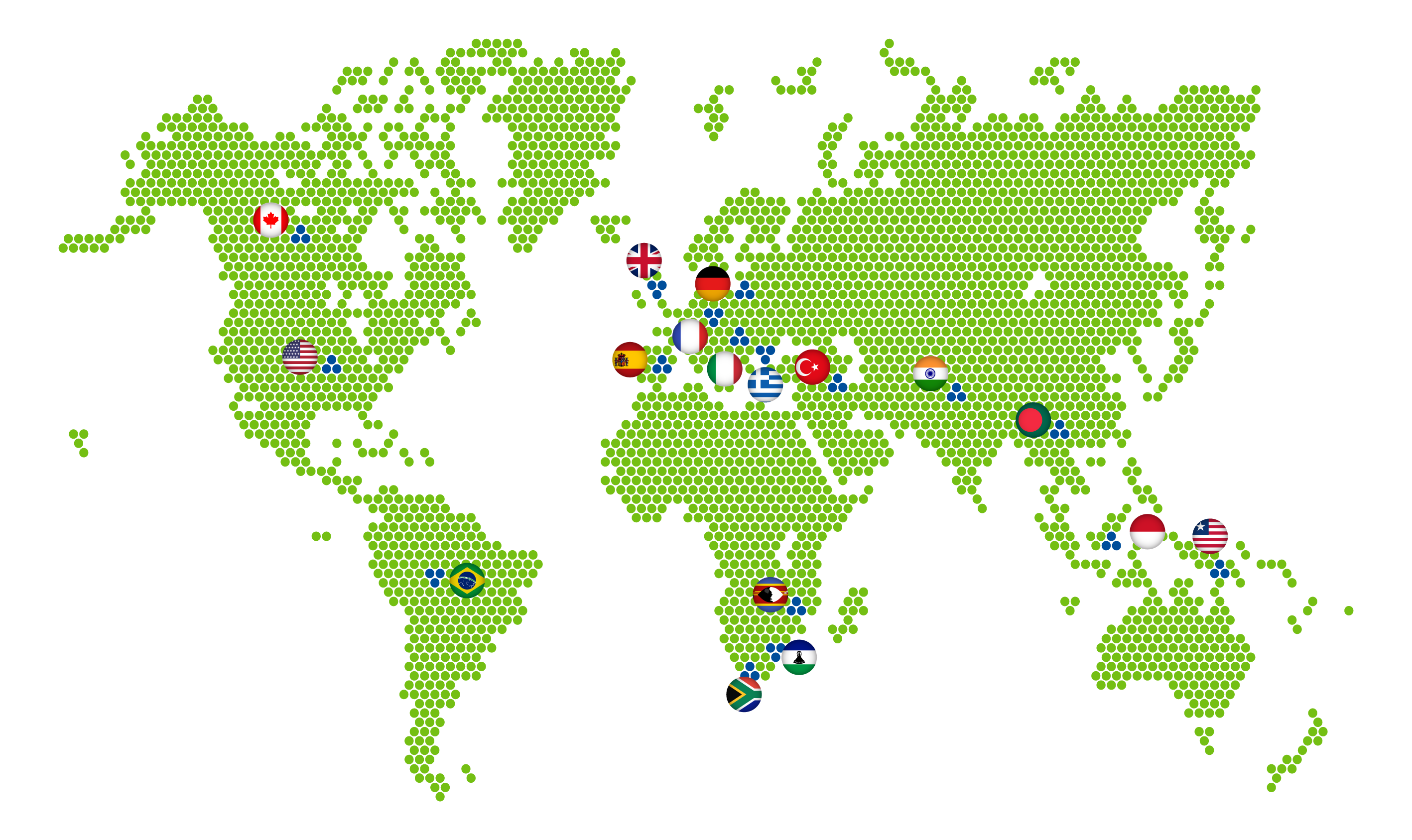 A green dotted MC Pharma world map with various countries on it